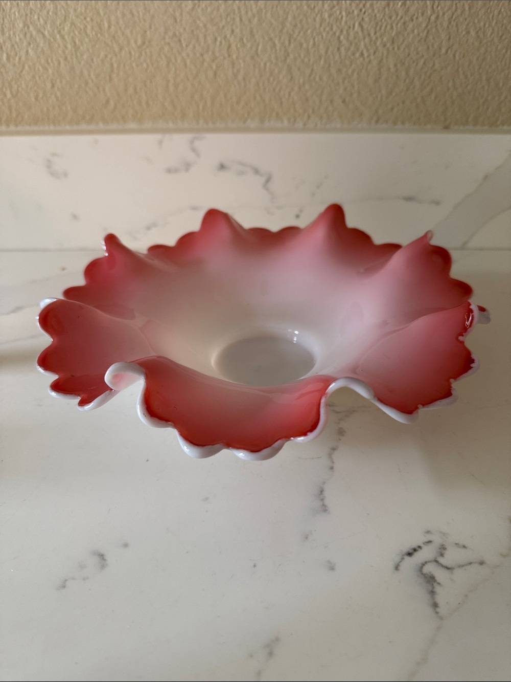 Vintage Cased Glass Cranberry Ruffled Wedding Bowl Ombre